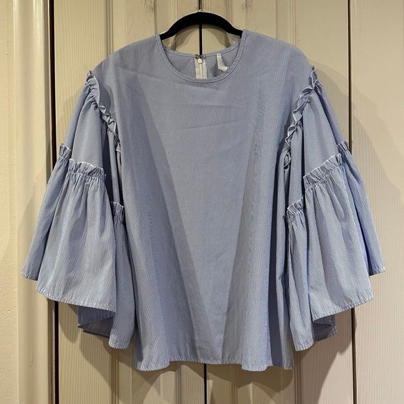 dRA Los Angeles Blue & White Striped Statement Ruffle Bell Sleeve Blouse Anthro - Picture 2 of 12